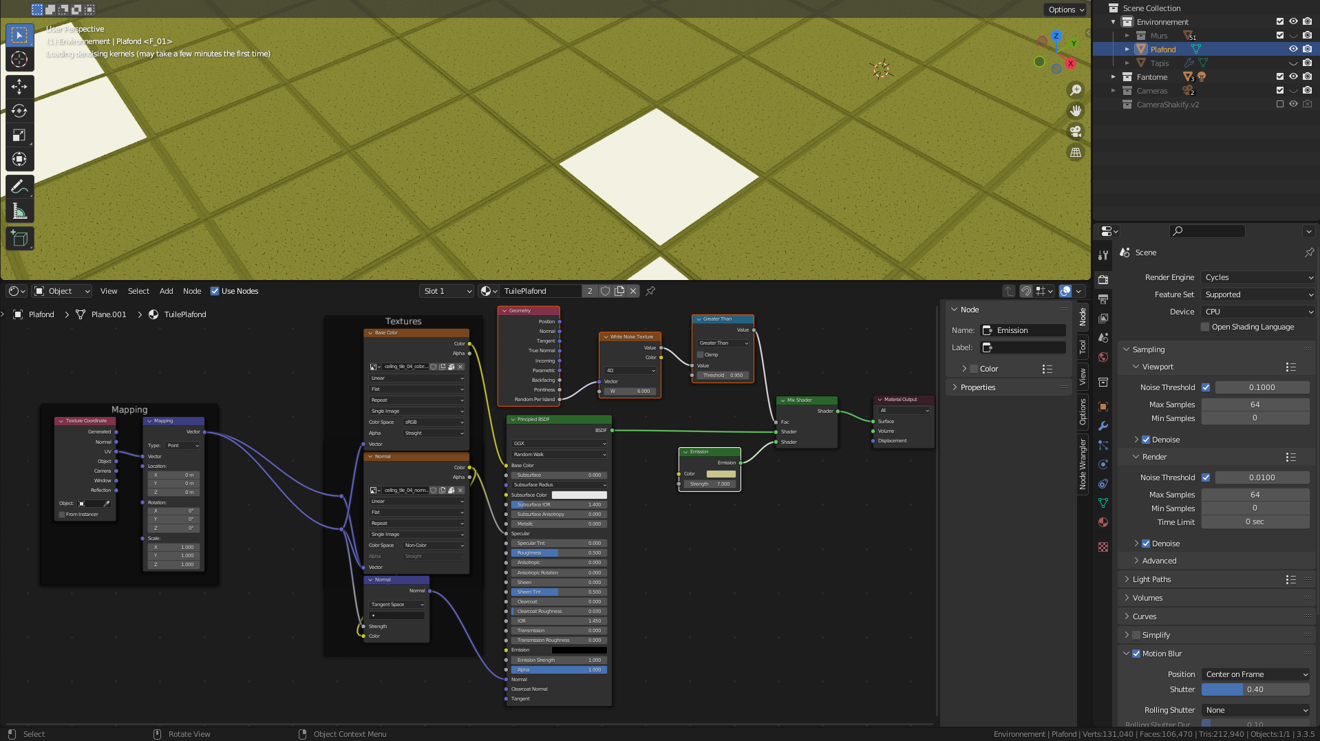 Matériel du plafond avec les nodes qui ajoutent les lumières